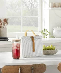 Hearth & Hand With Magnolia Ticking Stripe Waxed Canvas Lunch Bag Gray/Cream - Hearth & Hand™ with Magnolia