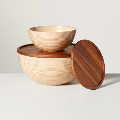 Hearth & Hand With Magnolia Ribbed Stoneware Serving Bowls with Wood Lids Blush/Brown (Set of 2) - Hearth & Hand™ with Magnolia 4 Hearth & Hand With Magnolia Ribbed Stoneware Serving Bowls with Wood Lids Blush/Brown (Set of 2) - Hearth & Hand™ with Magnolia - Image 2