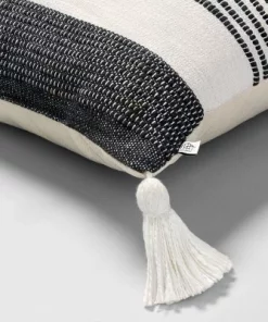 Hearth & Hand With Magnolia 18"x18" Center Stripes Tassel Throw Pillow Dark Gray/Cream - Hearth & Hand™ with Magnolia