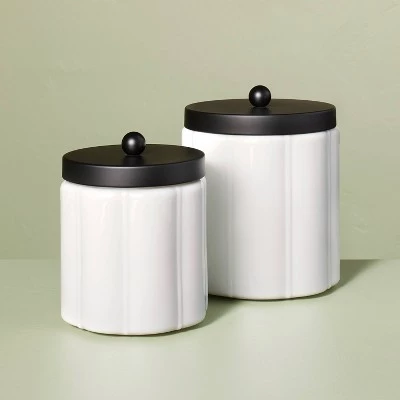 Hearth & Hand With Magnolia Milk Glass Bath Canister with Metal Lid - Hearth & Hand™ with Magnolia Black Finish 4 Hearth & Hand With Magnolia Milk Glass Bath Canister with Metal Lid - Hearth & Hand™ with Magnolia Black Finish - Image 2