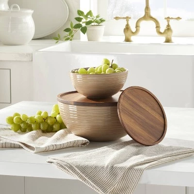 Hearth & Hand With Magnolia Ribbed Stoneware Serving Bowls with Wood Lids Blush/Brown (Set of 2) - Hearth & Hand™ with Magnolia 3 Hearth & Hand With Magnolia Ribbed Stoneware Serving Bowls with Wood Lids Blush/Brown (Set of 2) - Hearth & Hand™ with Magnolia