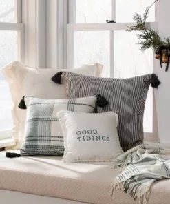 Hearth & Hand With Magnolia 24"x24" Woven Slub Stripe Throw Pillow with Tassels Gray/White - Hearth & Hand™ with Magnolia