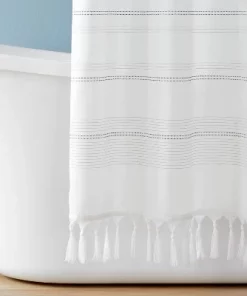 Hearth & Hand With Magnolia Woven Stripe Tassel Shower Curtain White/Dark Gray - Hearth & Hand™ with Magnolia